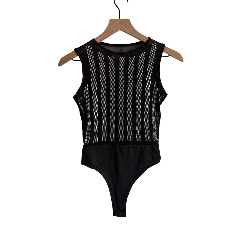 Black Mesh Rhinestone Striped Sleeveless Bodysuit Snap Crotch Clubwear Top